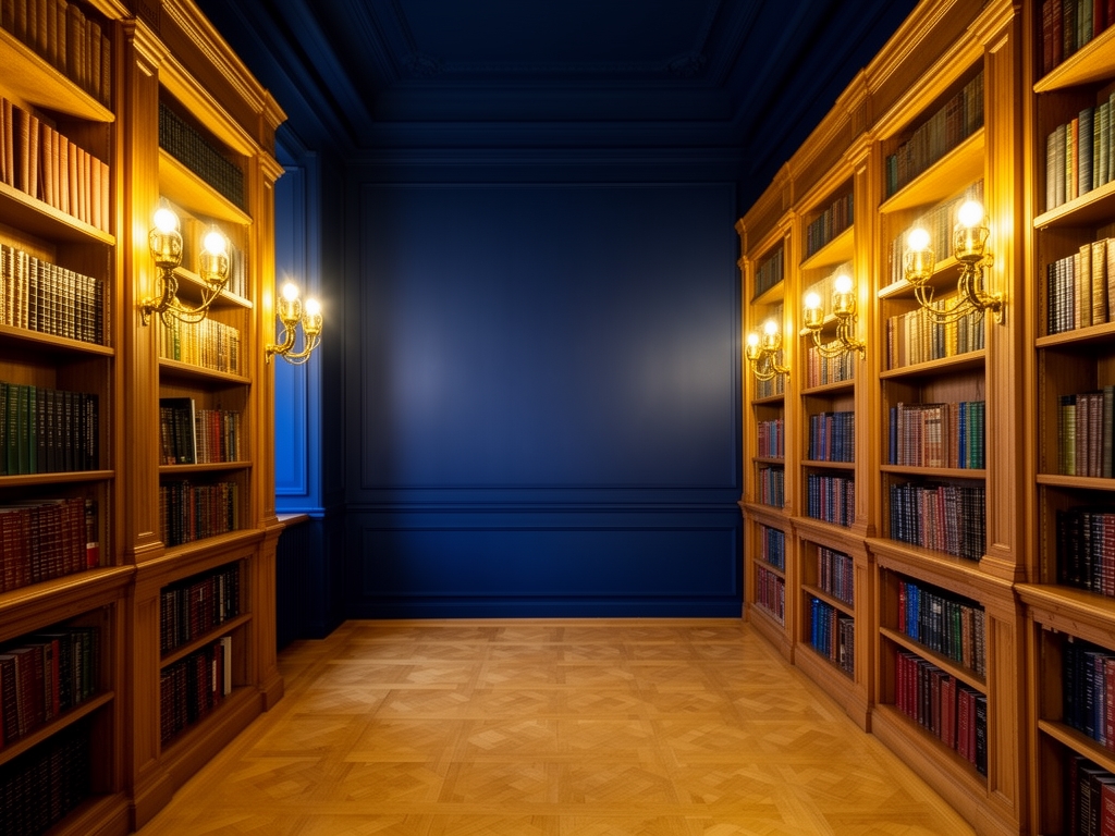 Stilizovana biblioteka sa tamnoplavim zidovima i drvenim policama prepunim knjiga, toplo zlatno svetlo svetiljki, institucijalna atmosfera akademskog prostora