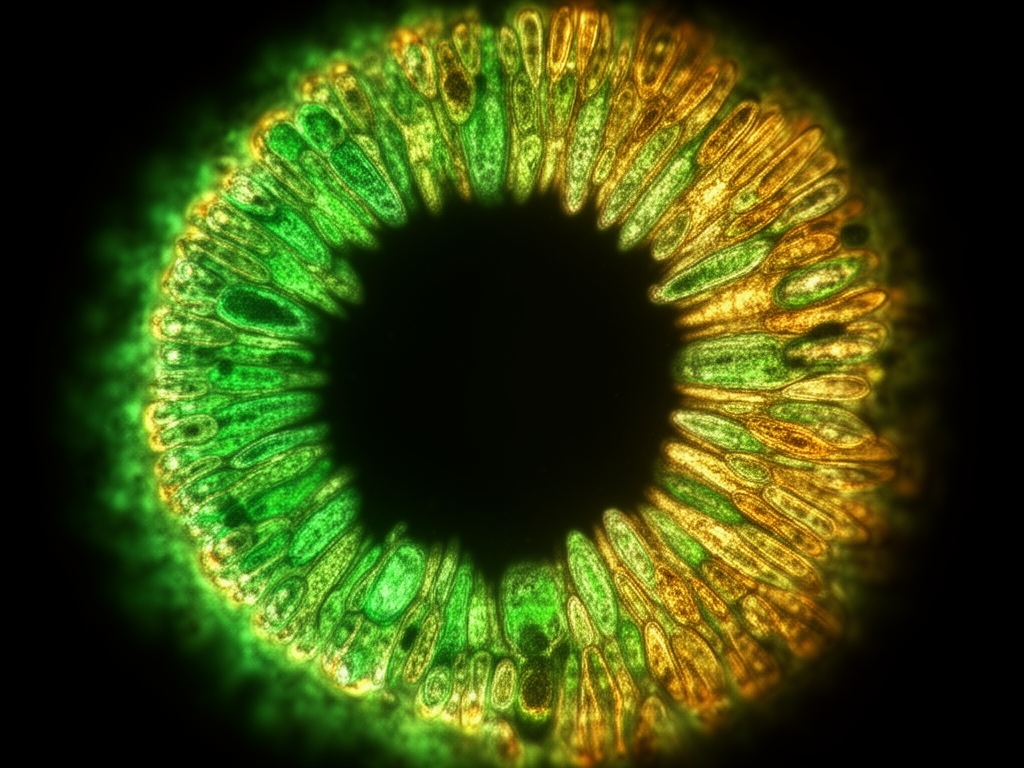 Kruzni precek lista pod mikroskopskim osvetljenjem, zelene i zlatne nijanse, apstraktna naucna fotografija celularne strukture