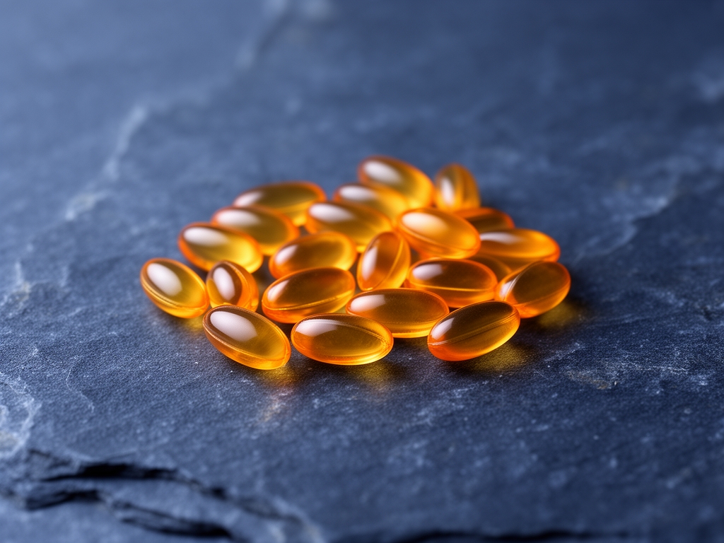 Zute i narandzaste kapsule omega masnih kiselina rasute na tamnoplavo kamenom podlozi, minimalisticka fotografija sa mekim osvetljenjem