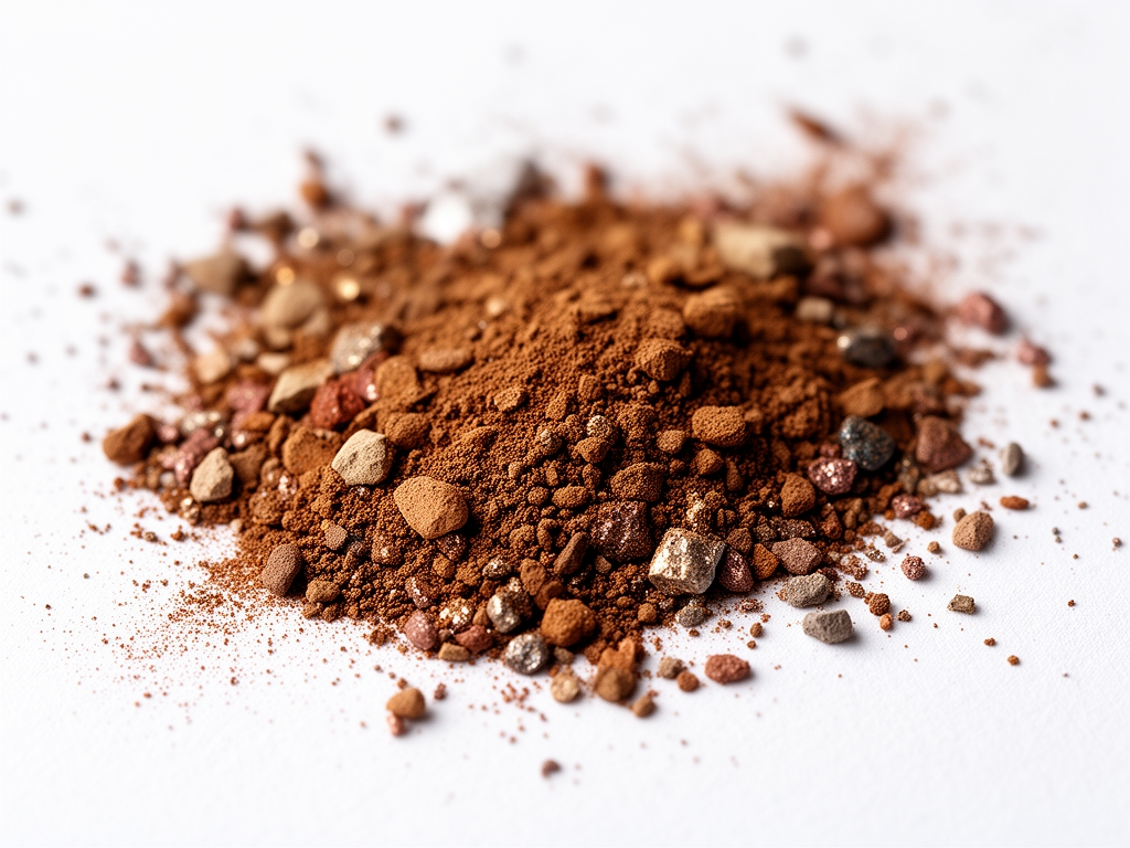 Abstraktna kompozicija razlicitih sjajnih mineralnih prahova u zemlanim nijansama posuta na belom papiru, makro fotografija tekstura minerala