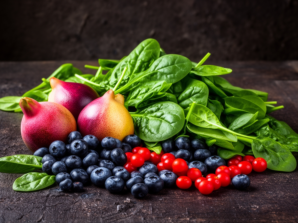 Svezo ubrano voce i povrce bogato antioksidansima: boruvice, nar, spanak, na tamnoj rustikanoj podlozi, detaljna naturalisticka fotografija