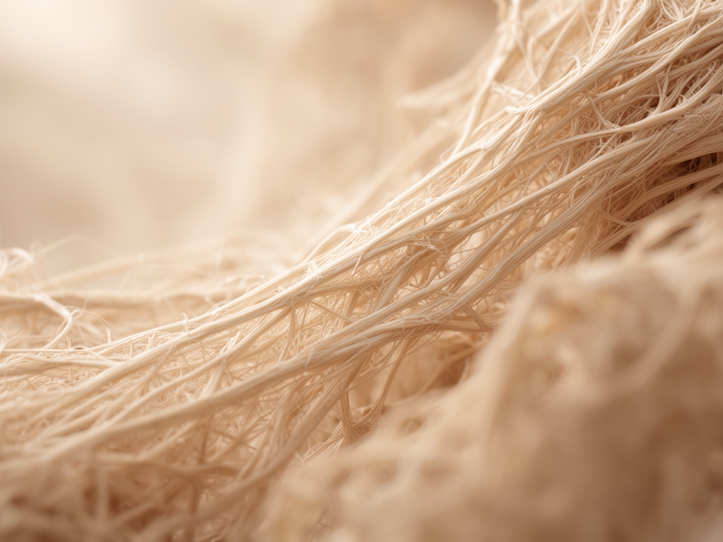 Apstraktna vizualizacija fibroznih struktura slicnih kolagenu, tople beige nijanse sa mekim difuznim svetlom, minimalista kompozicija