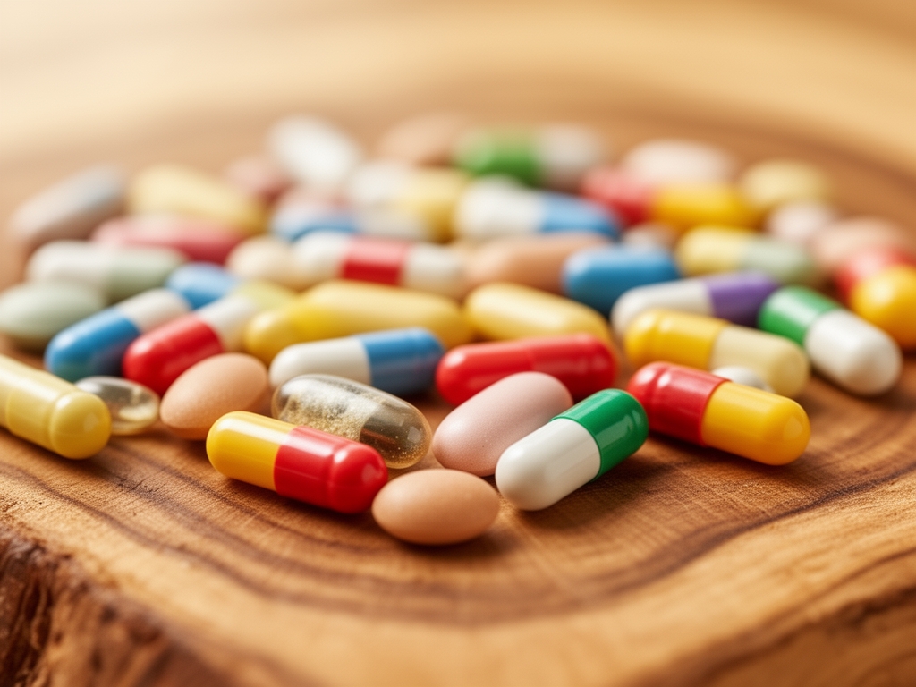 Raznobojne kapsule vitamina i minerala rasute na toploj drvenoj podlozi, makro fotografija sa mekim prirodnim osvetljenjem